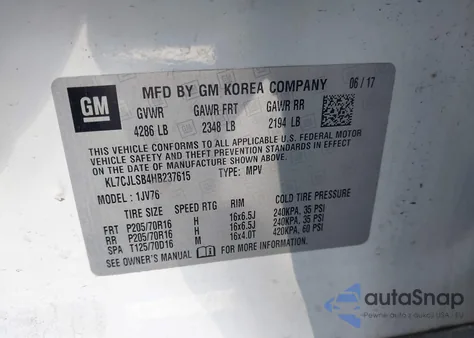 2017 Chevrolet Trax Lt z USA, uszkodzony, nr VIN KL7CJLSB4HB237615